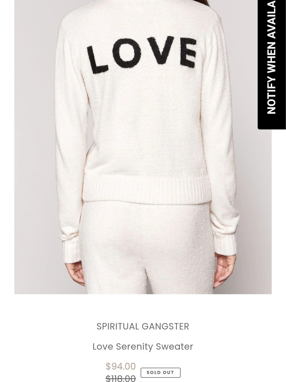 Spiritual Gangster Love Serenity Sweater in soft white Size Large Excellent Cond